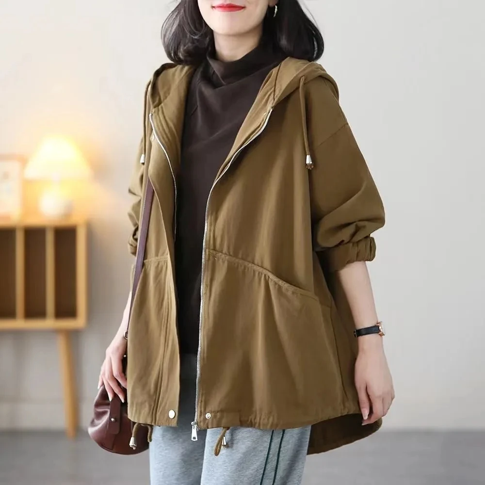 Large Size Women Hooded Trench Coat 2024 New Spring Autumn Women\'s Casual Windbreaker Korean Loose Female Lined Outerwear 4XL