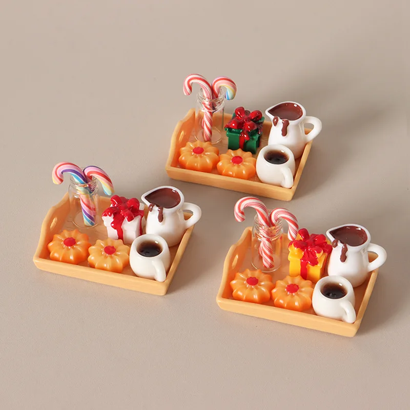 Dollhouse Christmas Mini Food Play Tray Set Simulation Coffee Cup Candy Cane Model DIY Micro Scene