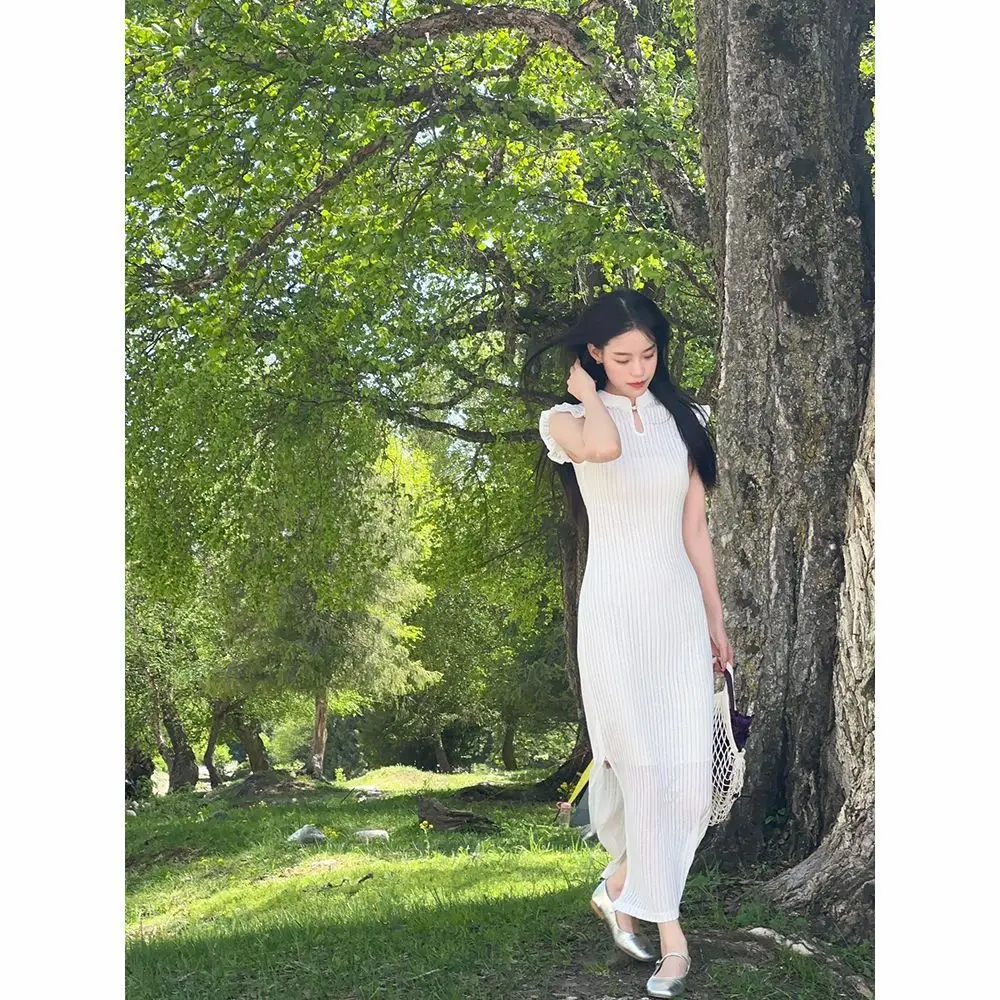 2024 Summer New Chinese Style Retro Pan Button White Long Skirt