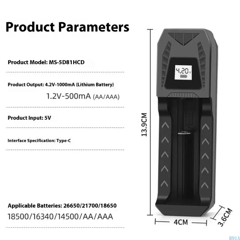 R91A LCD 배터리 충전 유형 C 1000MA 지능형 충전 26650/21700/18650