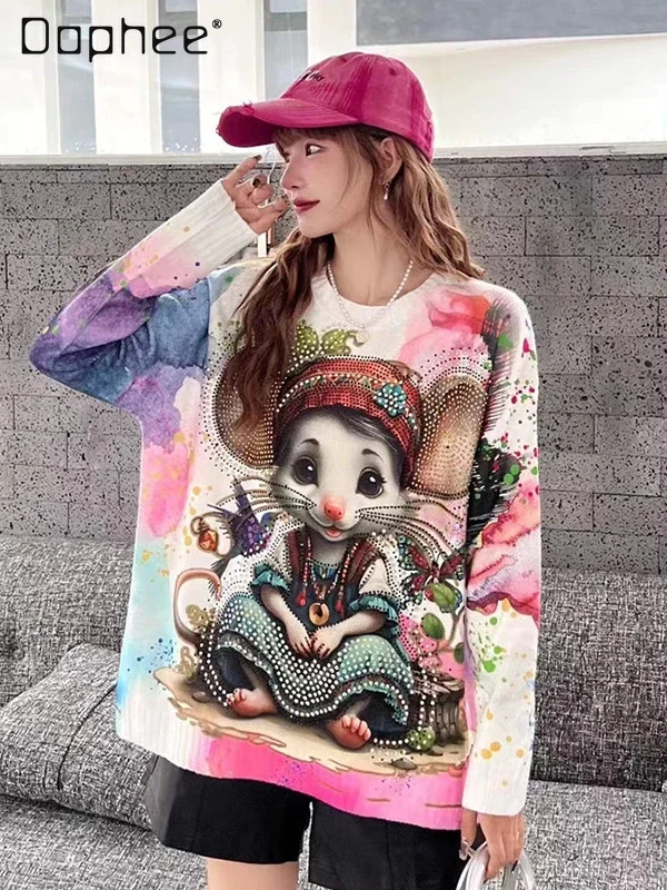 2024 Autumn Winter New Hot Diamond Tie-dye Cartoon Sweaters Women Loose Fashion Top Round Neck Pullover Long-sleeved Sweater