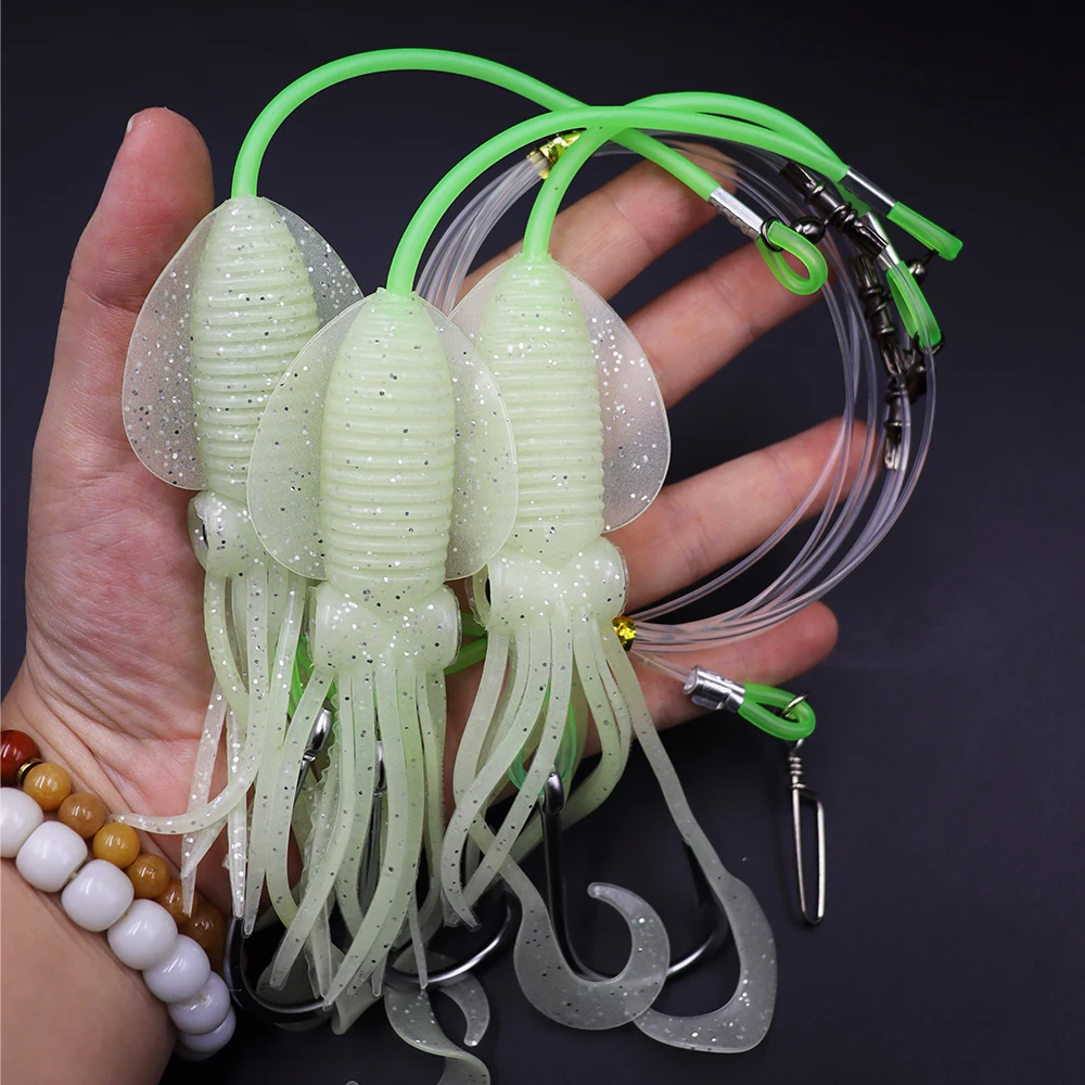 ZYZHE 1 Stück Tiefwasser-Rigs mit leuchtendem Tintenfischköder und hochfesten großen Fischhaken für Thunfisch, Marlin, Schwertfisch, Hoch- und Tiefwasser-Rigs – Detail 9