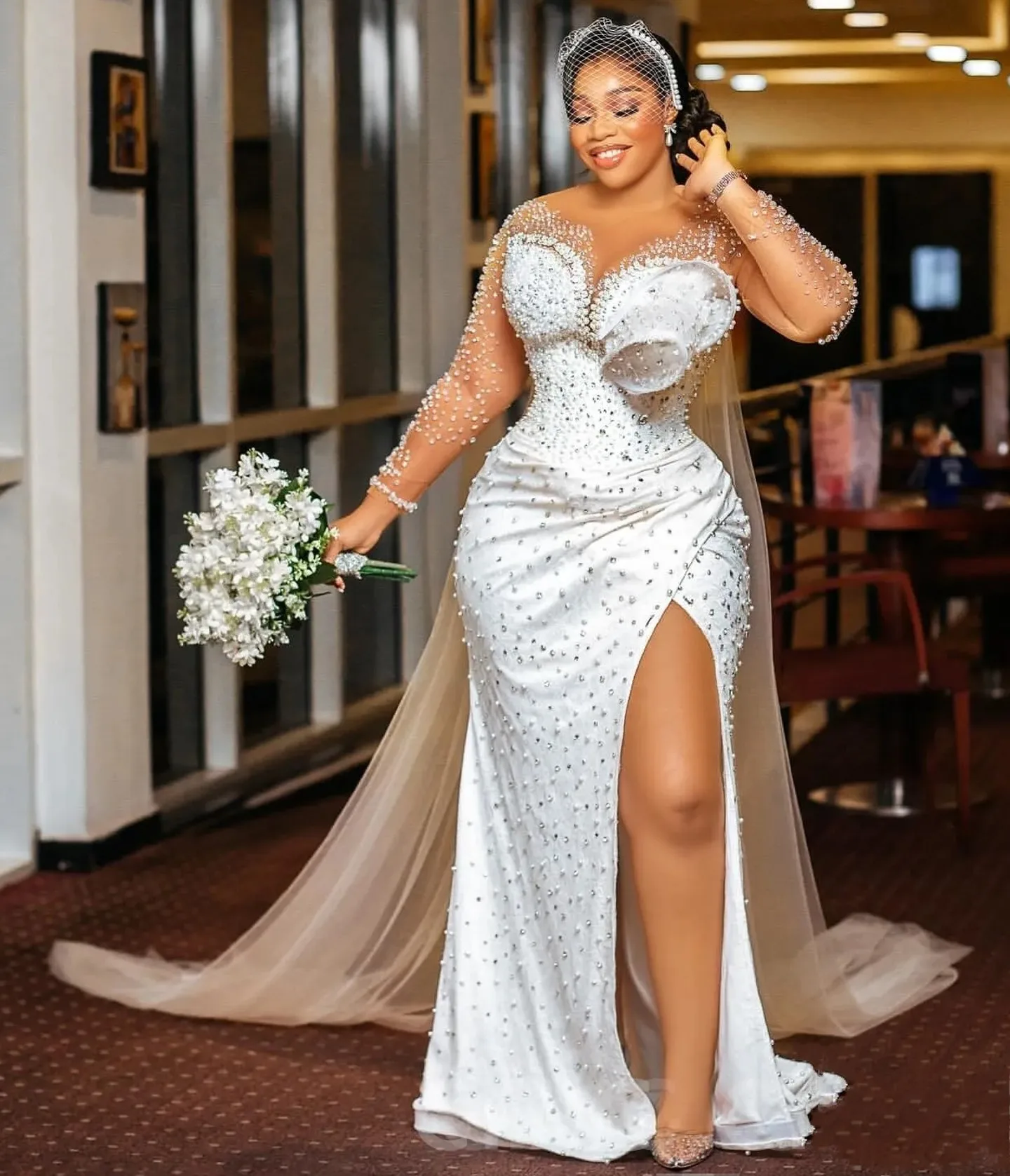 

Aso Ebi Mermaid Wedding Dress 2026 Sheer Neck African Black Women llusion Long Sleeves plit Bridal Dresses Bride Gown