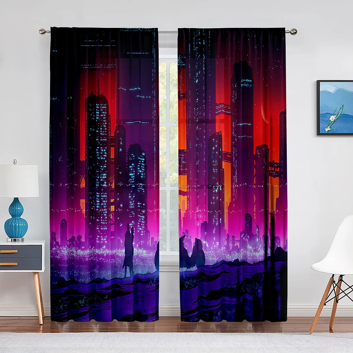 Night City Landscape Purple Neon Sheer Curtain for Living Room Bedroom Voile Drape Kitchen Window Tulle Curtains Home Essentials