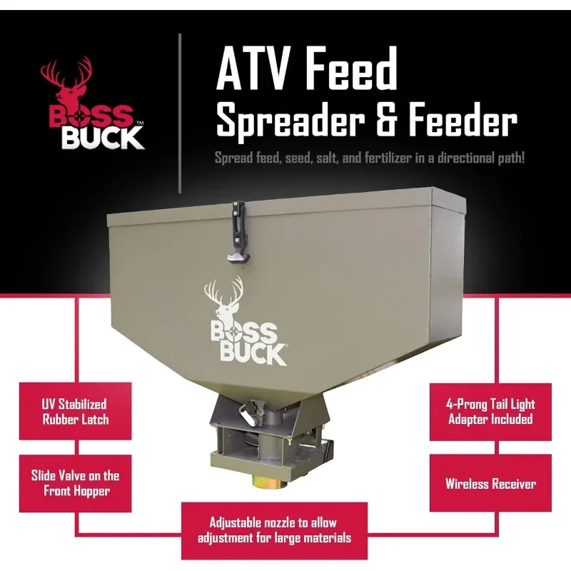 Boss Buck 80 LB Capacity Spreader | Spacious Versatile Durable Adjustable Flow Rate ATV Feeder | Feed, Salt, Fertilizer