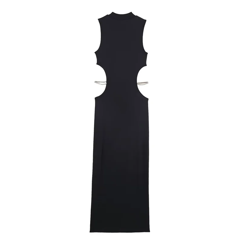 2025 New Women's Fashion Versatile Slim Fit Black Dress with Cut-Out Design and Jewelry Accents, Long Style