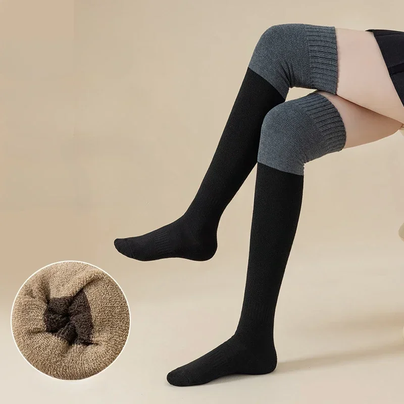 Chaussettes longues épaisses en coton pour femmes, chaussettes thermiques au-dessus du genou, chaussettes hautes respirantes, bas décontractés solides, hiver chaud