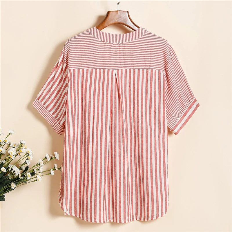 Women Striped Comfortable Cotton Linen Blouse Summer Simple Casual Loose Shirts Asymmetric Short Sleeve Tops Female Blusas Ropa