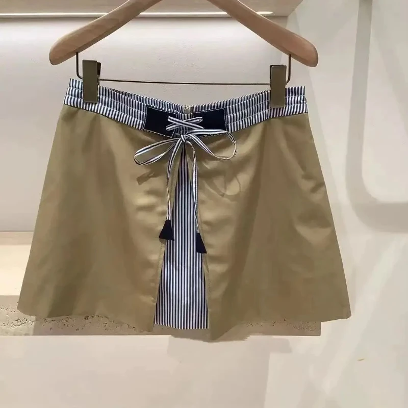 

Preppy Style Women Striped Patchwork A-Line Skirt 2025 Summer Lace-Up Elastic Waist Mini Skirt