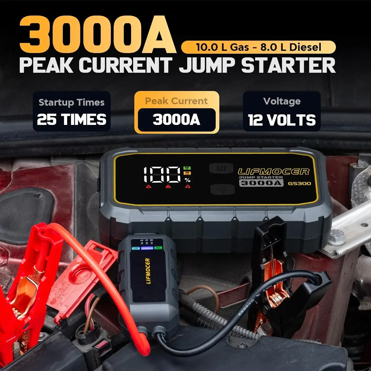 GS300 Car Jump Starter,3000A Portable Battery Jumper Starter for Up to 10.0L Gas & 8.0L Diesel Engines,59.2WH 12V Jump Box with