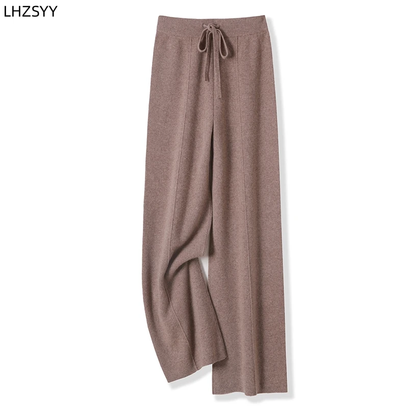 

LHZSYY 100% Pure Wool Wide-Leg Pants Ladies New Mid-Seam Thick Mop Pants Loose leg Elastic Frenulum Joker Knit High Waist Pants