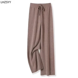 LHZSYY 100% Pure Wool Wide-Leg Pants Ladies New Mid-Seam Thick Mop Pants Loose leg Elastic Frenulum Joker Knit High Waist Pants