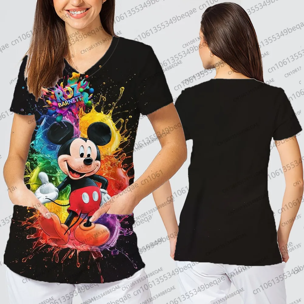 2025 الصيف Y2k الخامس الرقبة قصيرة الأكمام المرأة تي شيرت مع جيب ديزني الطباعة العصرية الأعلى ملابس الشارع الشهير الإناث