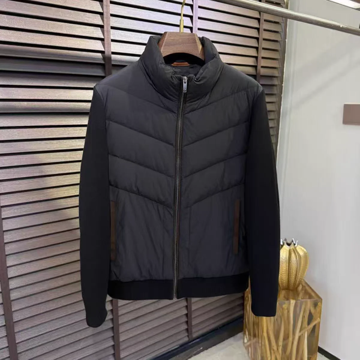 Faionable محبوك المرقعة الوقوف طوق أسفل Jaet الرجال الخريف الشتاء جديد وصول Busin Sle الأبيض دو ريشة سترة #3