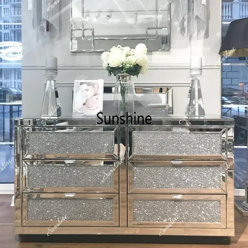 Silver Broken Diamond Crystal Mirror 6 Drawer Chest Furniture