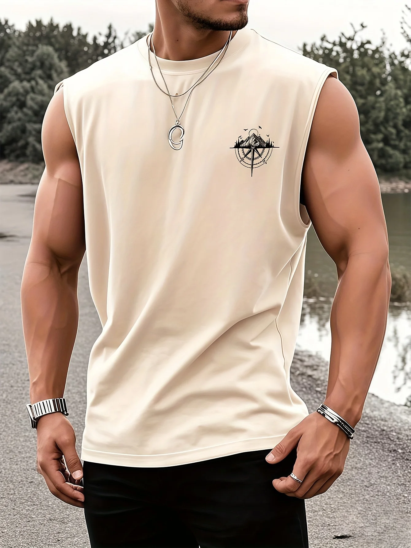 Men's fashionable casual sports loose compass and mountain pattern print comfortable and breathable round neck sleeveless vest image 6