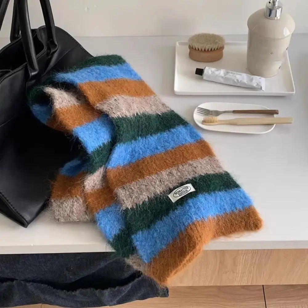 

Elegant Preppy Style Plaid Wool Scarf Long Stripe Scarf Warm Thicken Knitted Shawl Autumn Winter