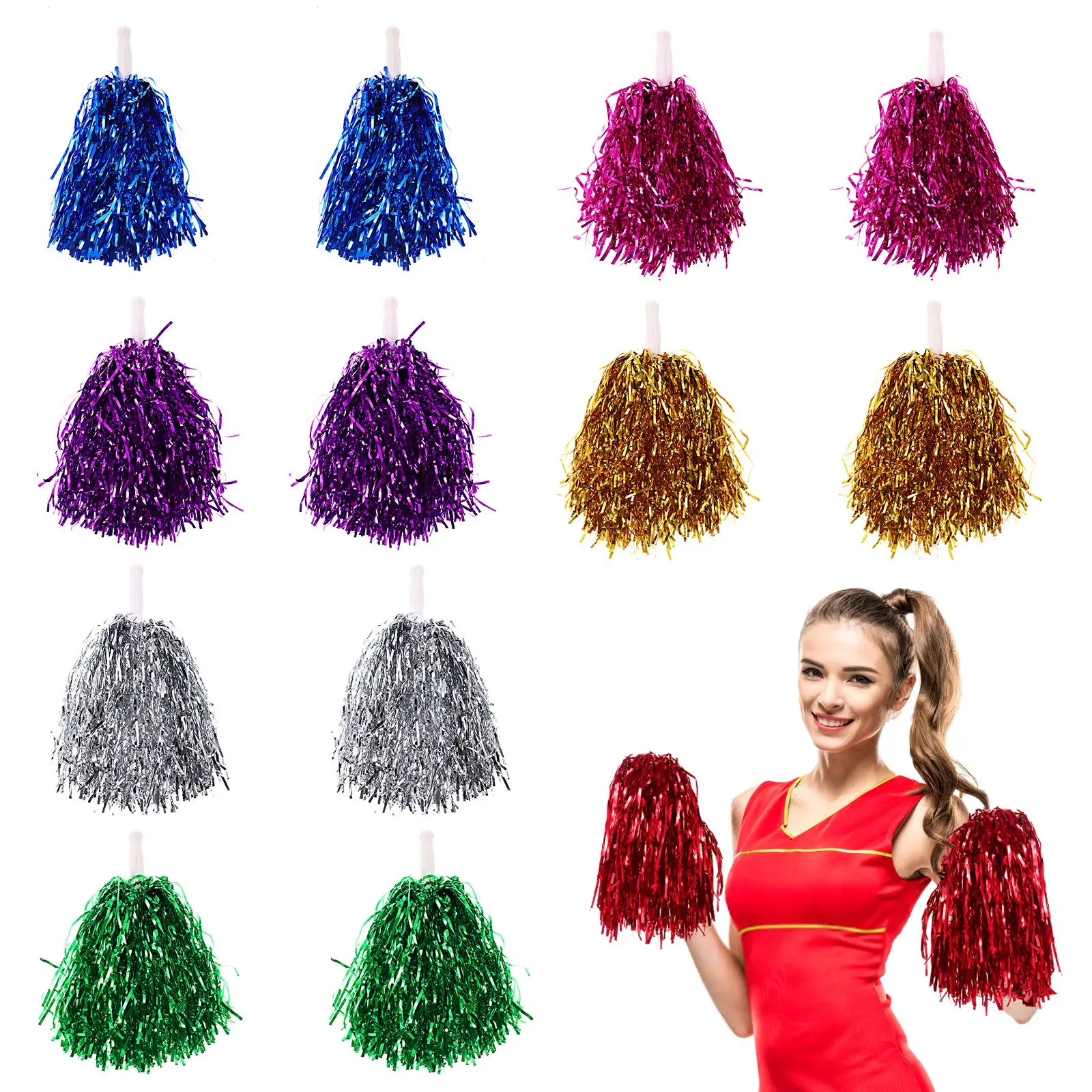 14pcs Cheerleading Pom Poms Kid Adult Non-Fading Metallic Foil Streamer Pompom Cheerleader Hand Flower Dancing Team Sport Supply