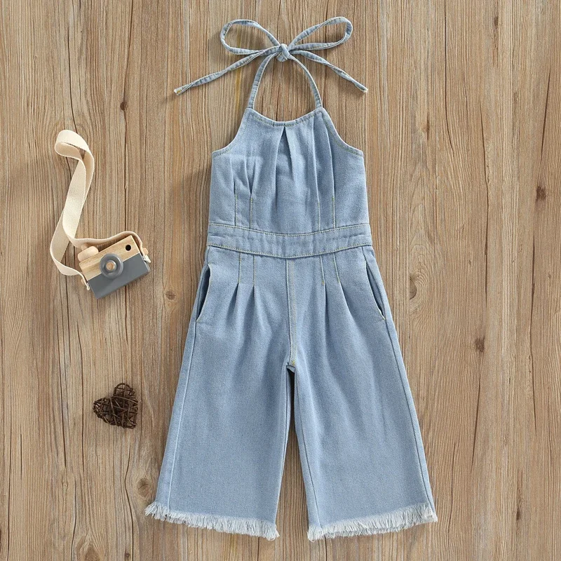 2022-05-03 Lioraitiin 1-6Y Little Girl's Jumpsuit, Tie-Up Halterneck Sleeveless Solid Color Denim Long Playsuit