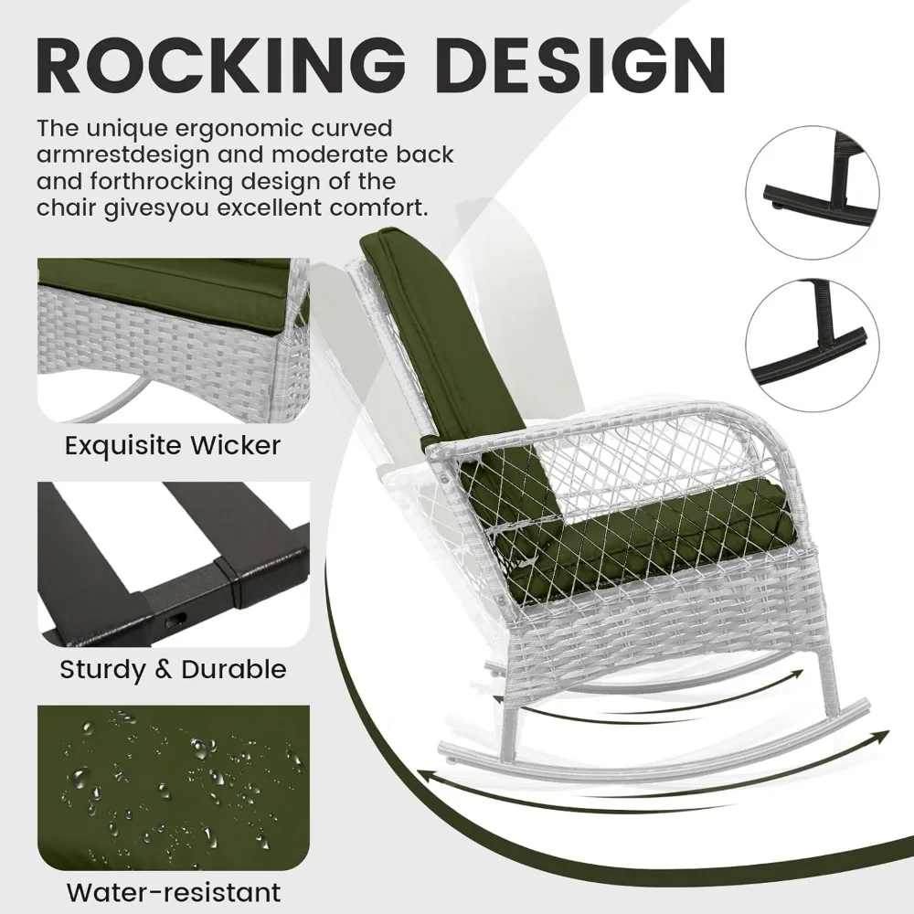 3 pcs Rocking Bistro Set Conversation Chairs PE Wicker Outdoor Rocking Chairs & Glass Table,for Porch Lawn Garden Backyard Deck