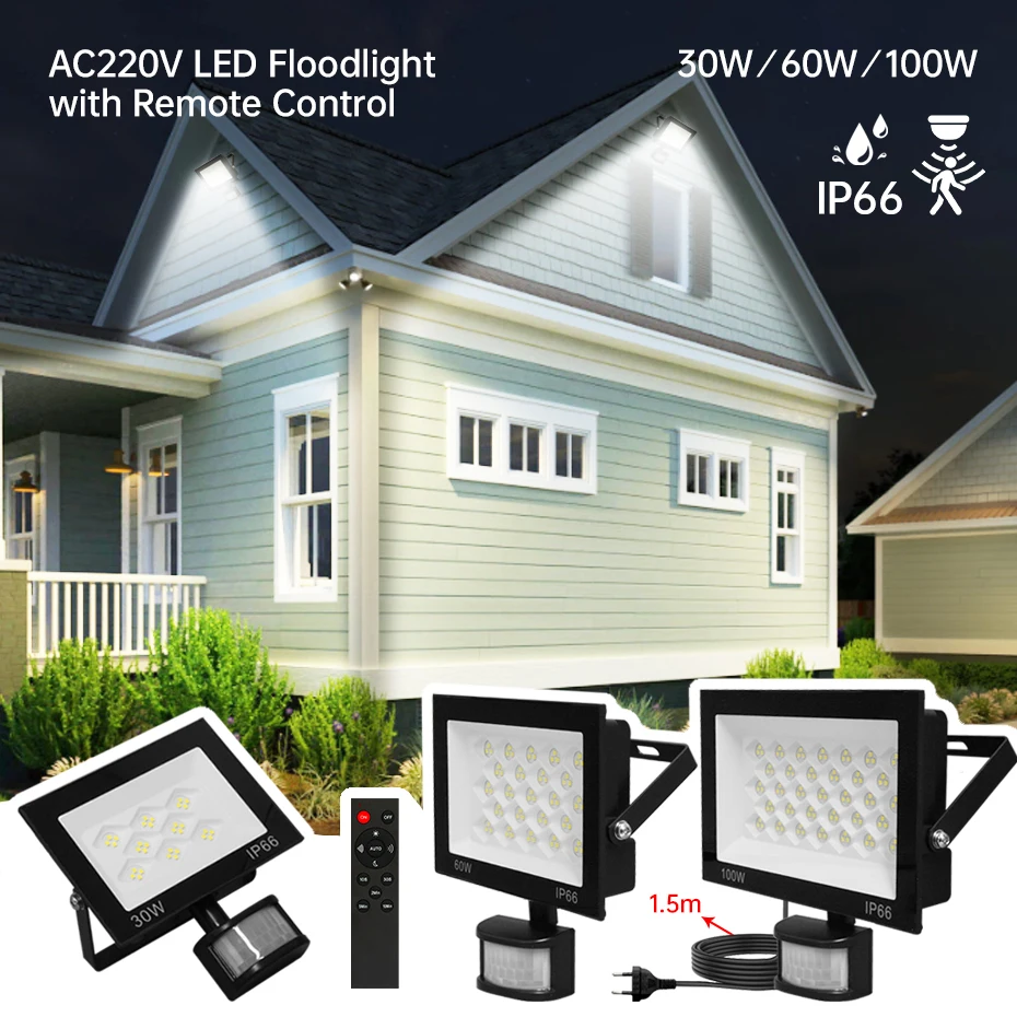 

LED Floodlight AC220V PIR Motion Sensor Flood Light IP66 Waterproof 100W 60W 30W Outdoor Wall Lamp Spotlight with EU AU UK Plug