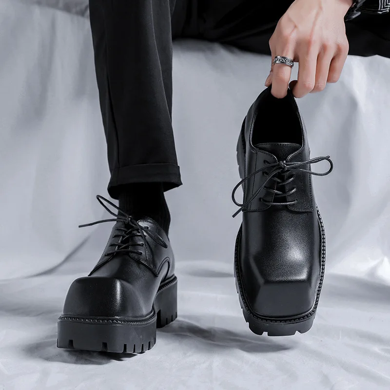 

men fashion original leather shoes brand designer square toe derby shoe stage nightclub dress black tide platform footwear male