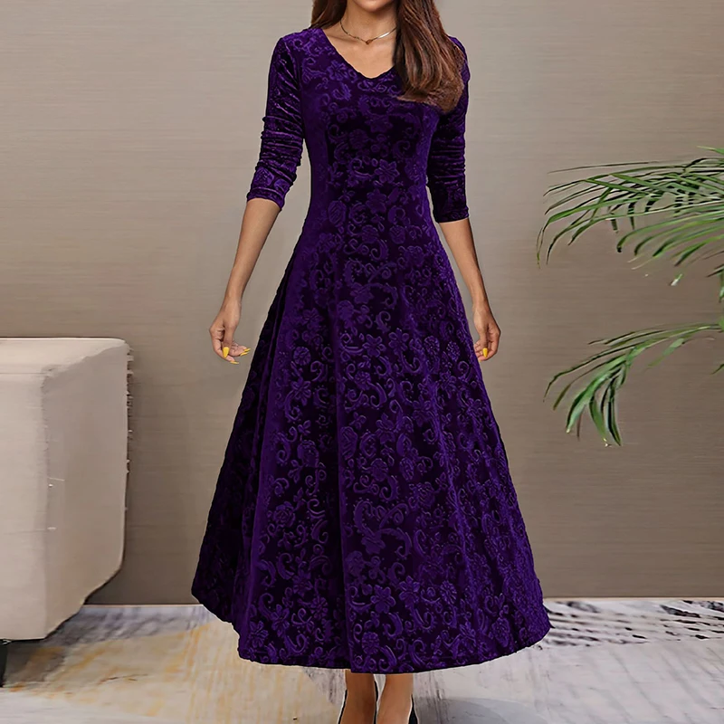 Ethnic Retro Printed A-Line Velvet Party Dress Womens Autumn V Neck Hem Boho Long Dress Winter 3/4 Sleeve Slim Ladies Maxi Dress