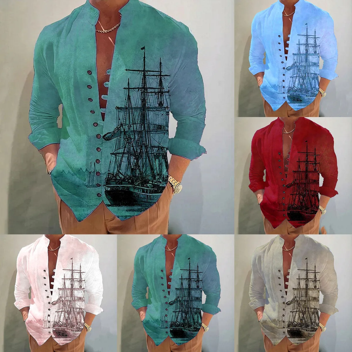 

Men's new casual long-sleeved shirt single-breasted printed V-Neck collar fashion comfortable street high quality loose cardigan