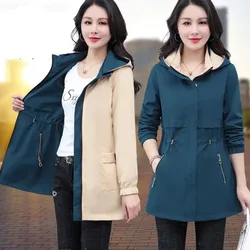 Double-Sided Trench Coat Women 2024 New Spring Autumn Clothes Hooded Mid Long Windbreaker Female Outerwear Tops Gabardina Mujer