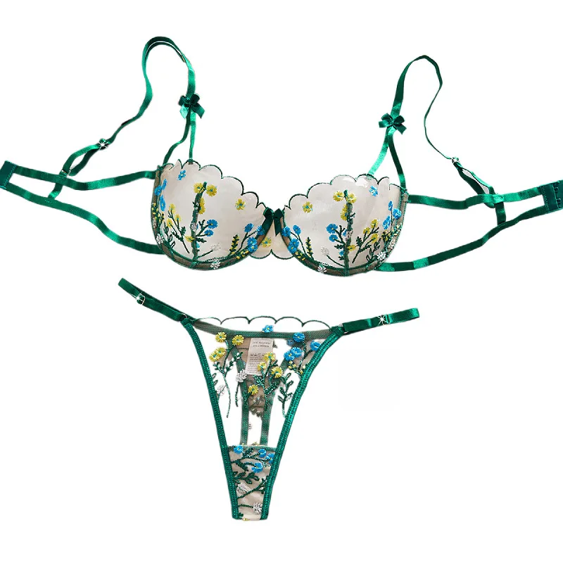 جنسي الملابس الداخلية صافي النسيج الأزهار التطريز مبطن قابل للتعديل الصدرية العاطفة النقية الملابس الداخلية مجموعة مثير