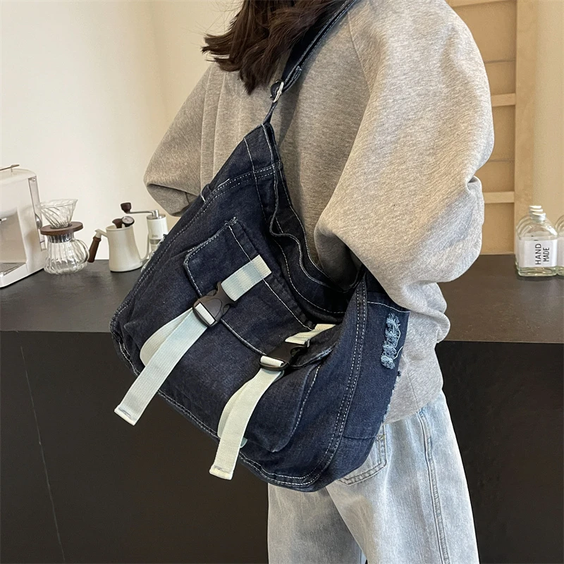 Denim Solid Fashion Shoulder Bags Zipper Women\'s Bags on Sale 2024 Wysokiej jakości nici do szycia Crossbody Bag Bolsas De Ombro