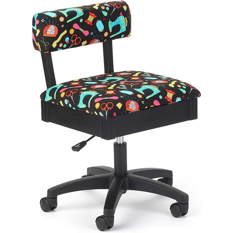 H7013B Adjustable Height Hydraulic Sewing and Craft Chair with Under Seat Storage and Printed Fabric, Sewing Notions Print