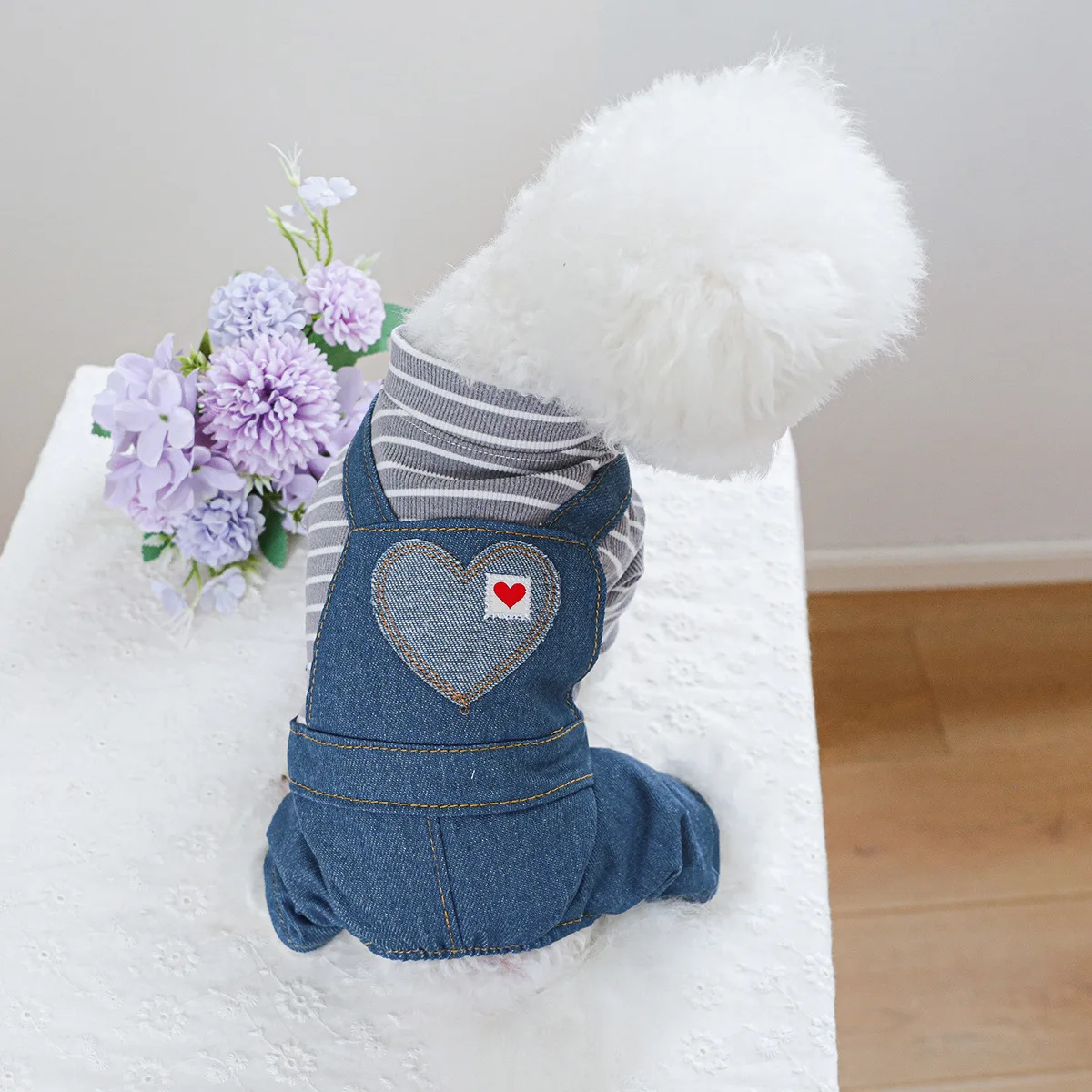 

Stripe Coat Suit For Dog With Denim Pants Autumn Winter Pet Costumes XS XL Gray Green Puppy Tracksuit Overalls Yorkshire Clothes