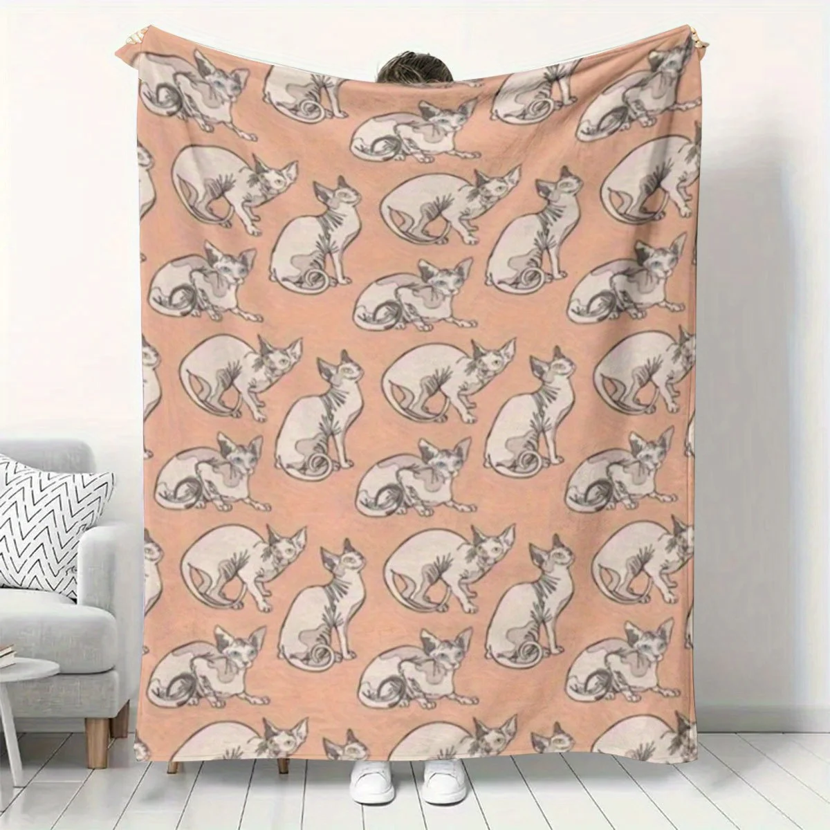Hairless Sphynx Cats Blanket Aesthetic Repeating Sketch‑Style Sphynx Kitten Illustration On Warm Apricot Base Soft Flannel
