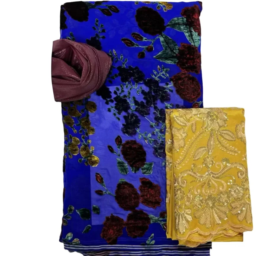 

3.65+2+2 Yards African Sequin Lace High Quality Printing Jacquard Velvet Cotton Lace Fabric Match George Fabric Scarf Set Sewing