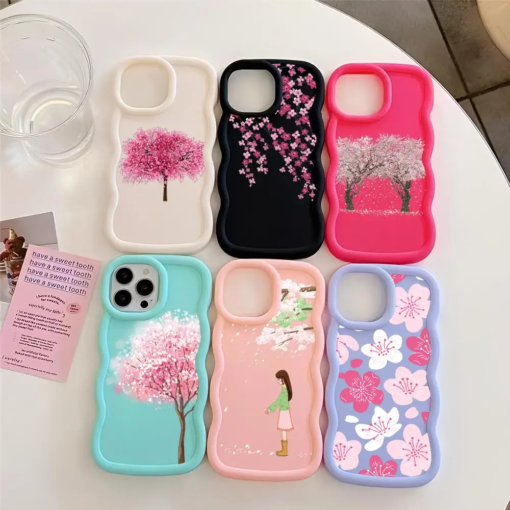 Cherry Blossom Tree Phone Case Blue Cute Girls New Wave Corners Macaron For IPhone 16 15 14 13 12 11 X Vivo Samsung Oppo