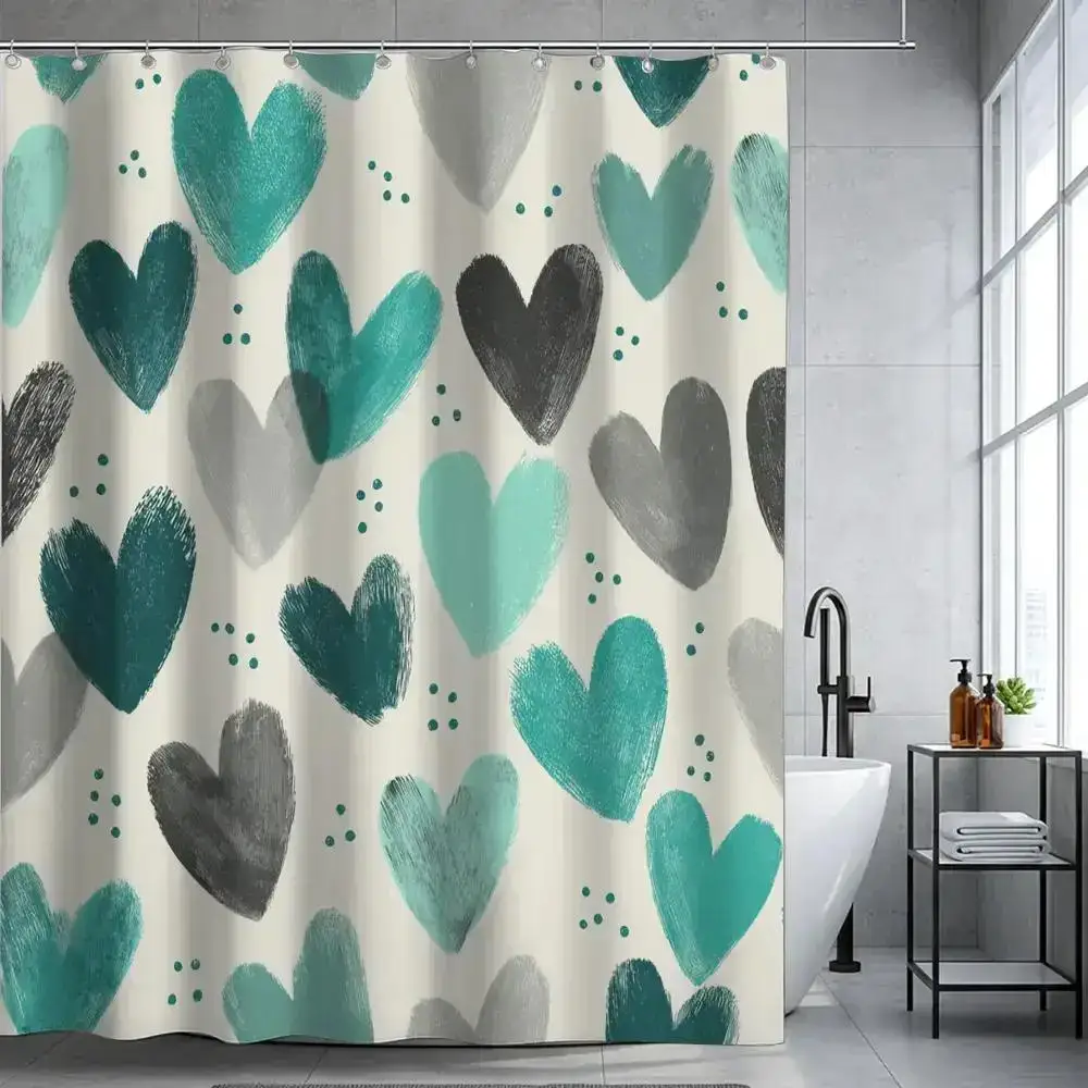 

Сине-зеленая занавеска для душа с сердечным узором, полиэфирная ткань, можно стирать в машине, с крючками, подходит для декора ванной комнаты.