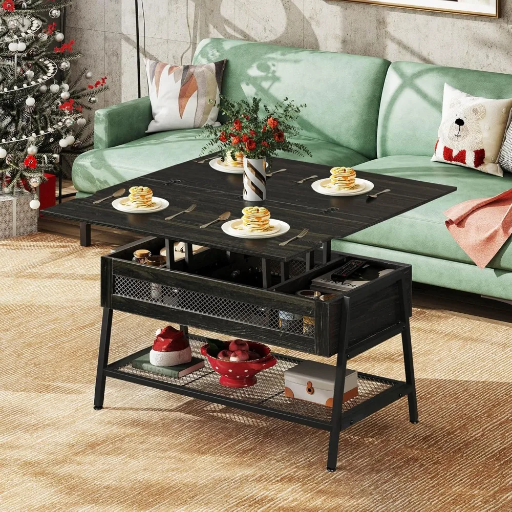 Lift Top Coffee Table, 3 in 1 Coffee Table with Hidden Compartment, Multi-Function Coffee Table Converts to Dining Table for