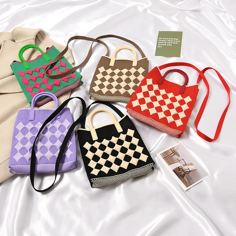 

Handmade Knit Handbag Women Mini Shoulder Bag Female Casual Color Wide Stripe Plaid Tote Bag Student Cell Phone Package 2023 New