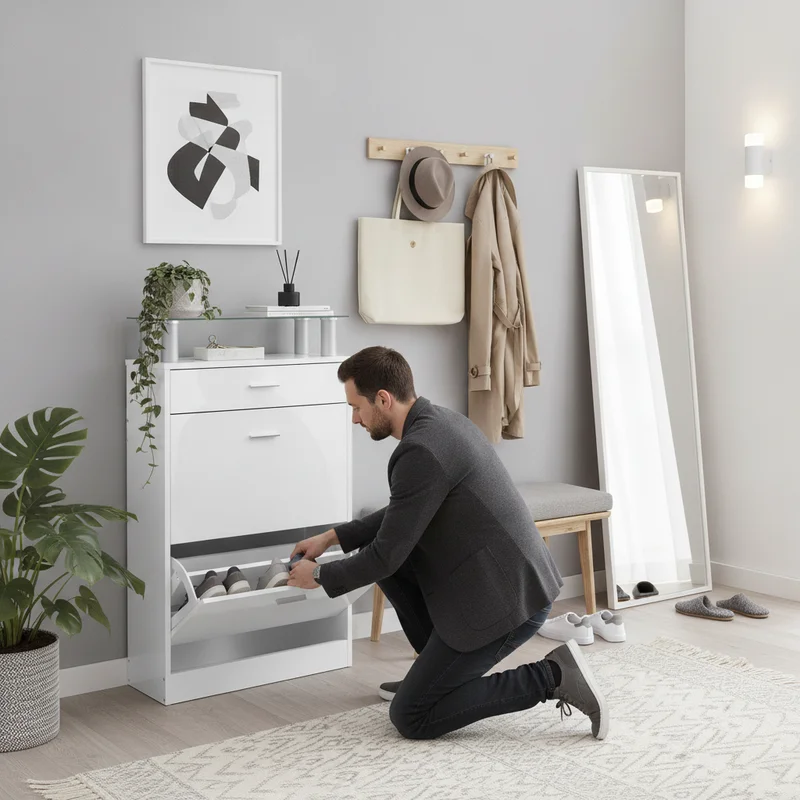 Meuble à chaussures en bois blanc brillant 63 x 24 x 104 cm, plateau en verre, 3 portes rabattables, rangement gain de place, organisateur de chaussures, meuble d'entrée, armoire de rangement, placard à chaussures pour couloir, hall, dressing, appartement