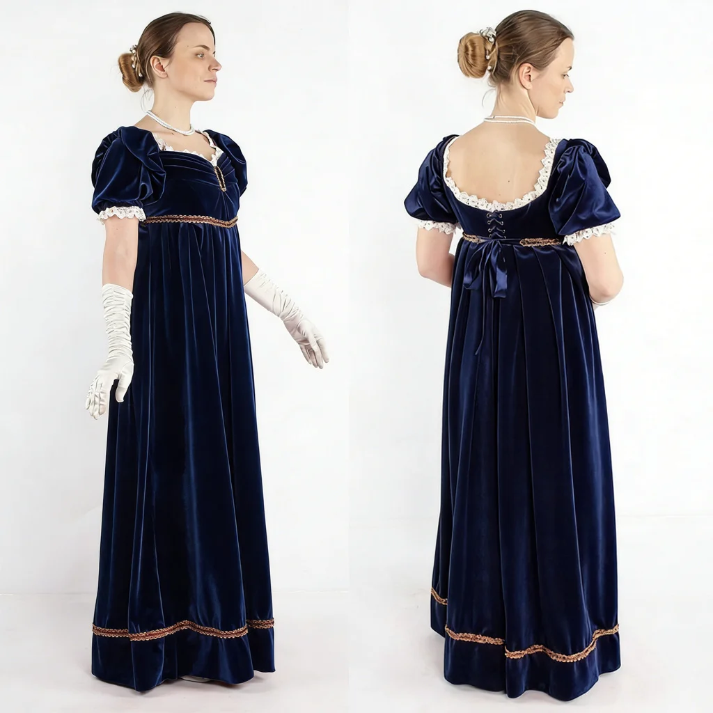 

British Victorian Regency Era Blue/Red Dress Vintage Empire High Waist Jane Austen Cosplay Velvet Fancy Regency Evening Gown