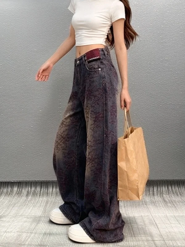 

Waed Denim High Waist Wide Leg Pants Striped Loose Fit Versatile Straight Cut Spring Season Women's Casual High Faion Jeans