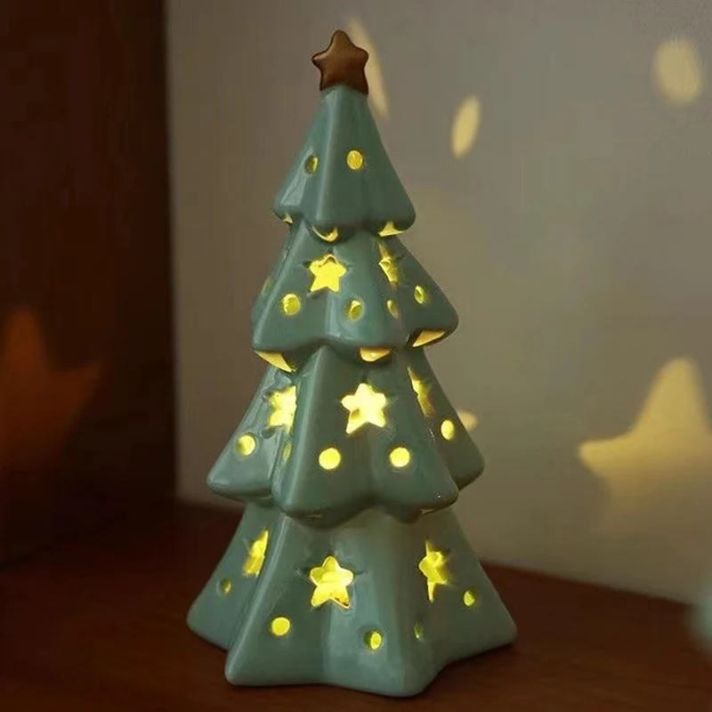 Glowing Christmas Tree Light Decorations, Ceramic Star Xmas Tree Night Lights Home Bedroom Desktop Ornaments Birthday Gift