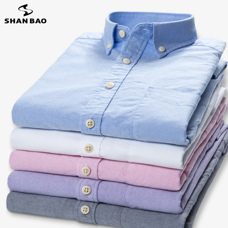 SHAN BAO 2022 Autumn Brand 100% Cotton Oxford Men\'s Fit Long Sleeve Shirt Business Casual Classic Simple Slim Pure Color Shirt