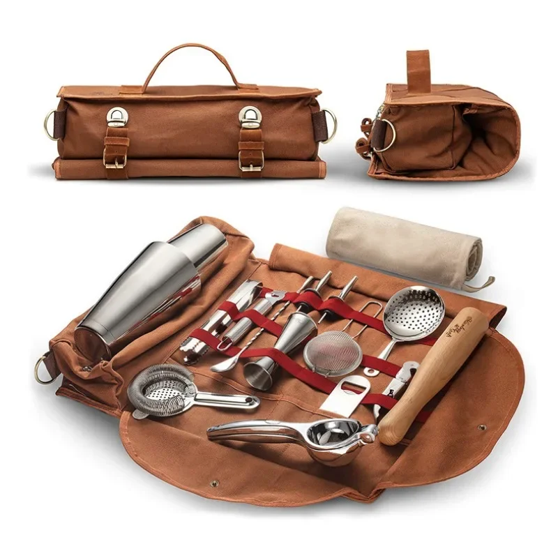 

Travel Bartender Kit Bag Canvas Tool Bag Professional Cocktail Mixer Bag Cocktail Shaker Wine Set With Metal Buckle For Barbarte