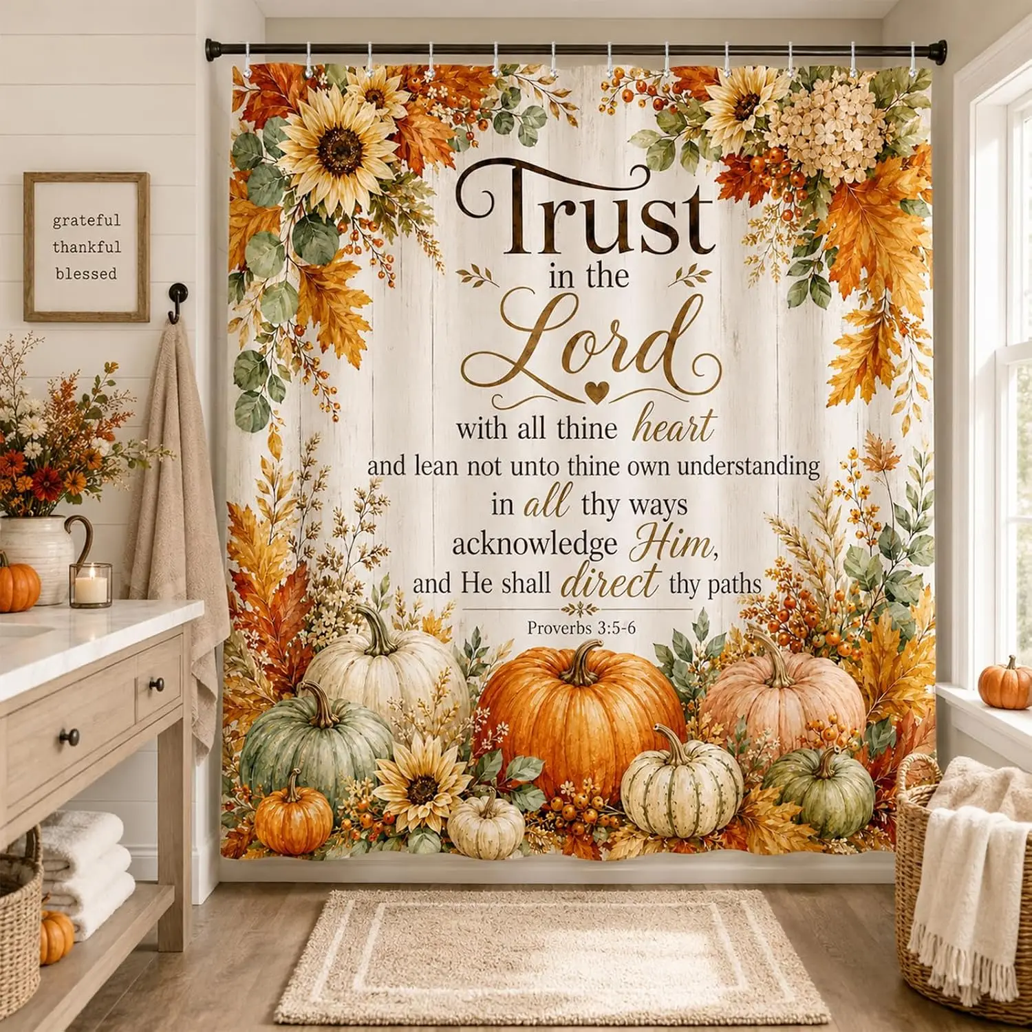 Fall Christian Shower Curtain for Bathroom, Inspirational Farmhouse Autumn Harvest Pumpkin Sunflower Shower Curtain with Bible Verse, Thanksgiving Holiday Bathroom Decor Waterproof Bath Curtain Set