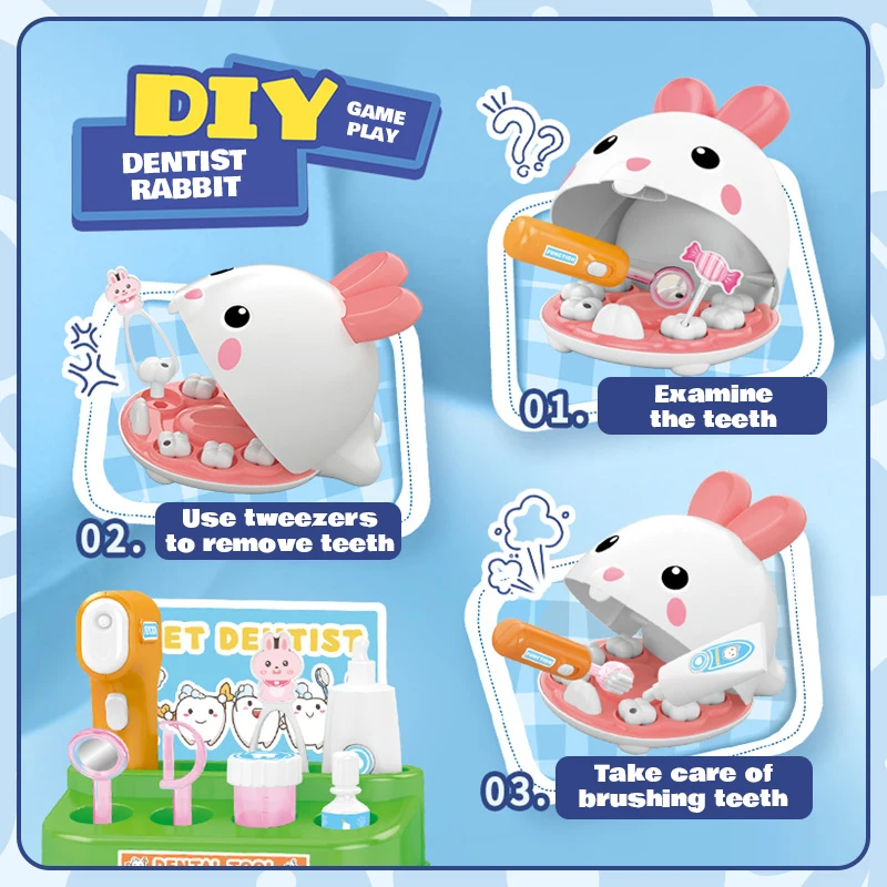Kit de herramientas médicas para Cosplay de conejo, dentista con luz, juego de herramientas para juego de imitación, juguetes para niños, juguete educativo preescolar, regalos para el Día de los niños