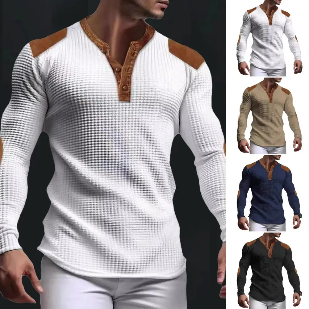 Men Sweatshirt Patchwork Retro V Neck Buttons Waffle Texture Pullover Colorblock Slim Fit Daily Wear Sport Vacation Male Top