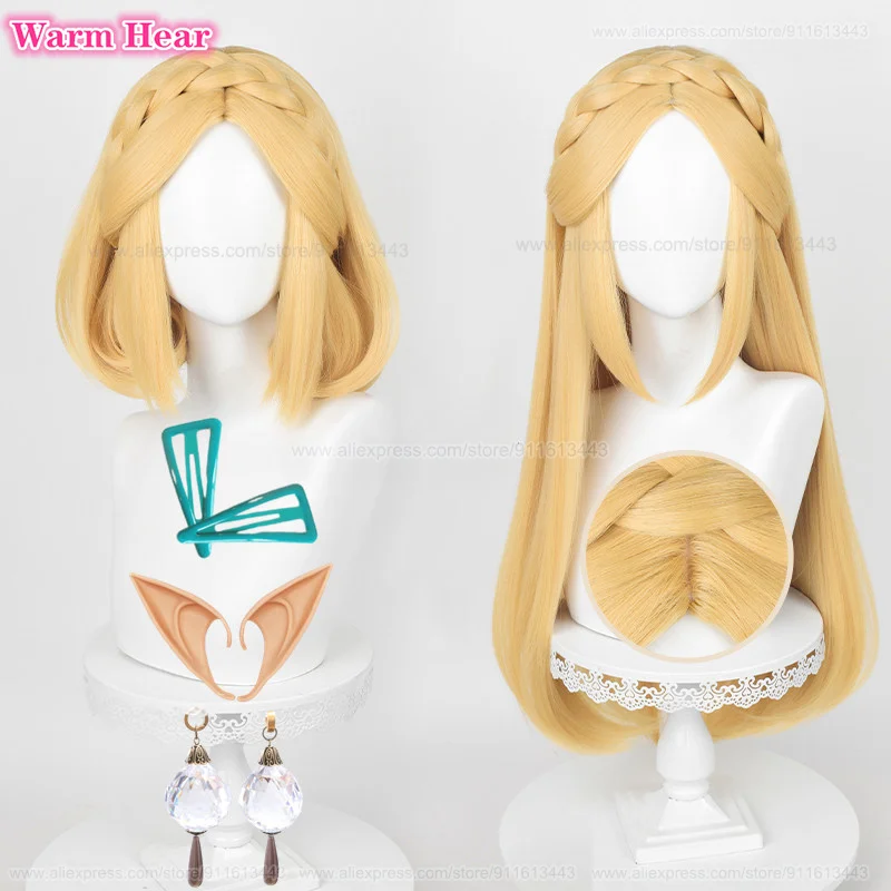 Zelda Wig Princess Cosplay Wig 35cm/72cm Golden Yellow Braid Cosplay Anime Wig With Ears Heat Resistant Synthetic Wigs + Wig Cap