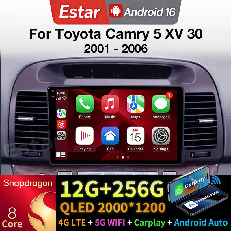 Android 16 Car Radio For Toyota Camry 5 XV 30 2001 - 2006 GPS Multimedia Player 360 Camera Navi Head Unit Wireless Carplay Video
